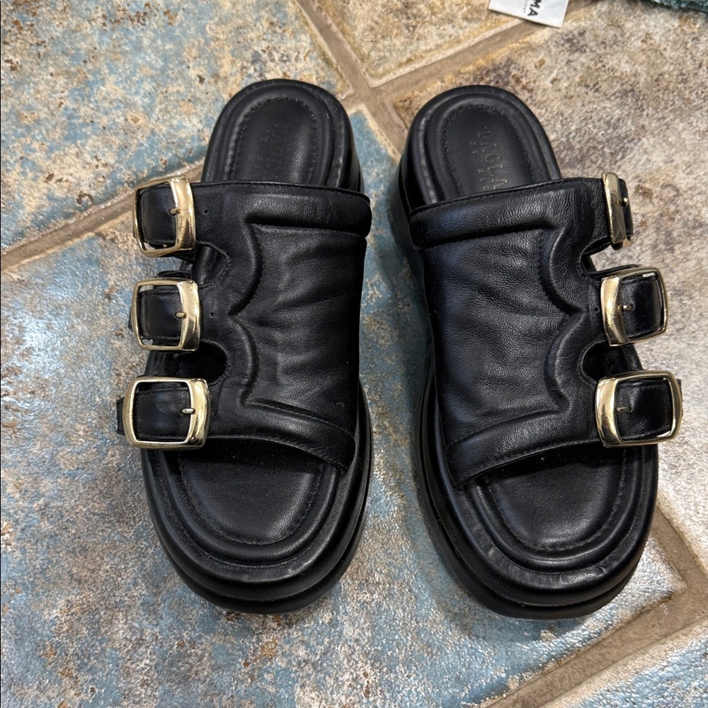Black Leather Sandals with Gold Buckles